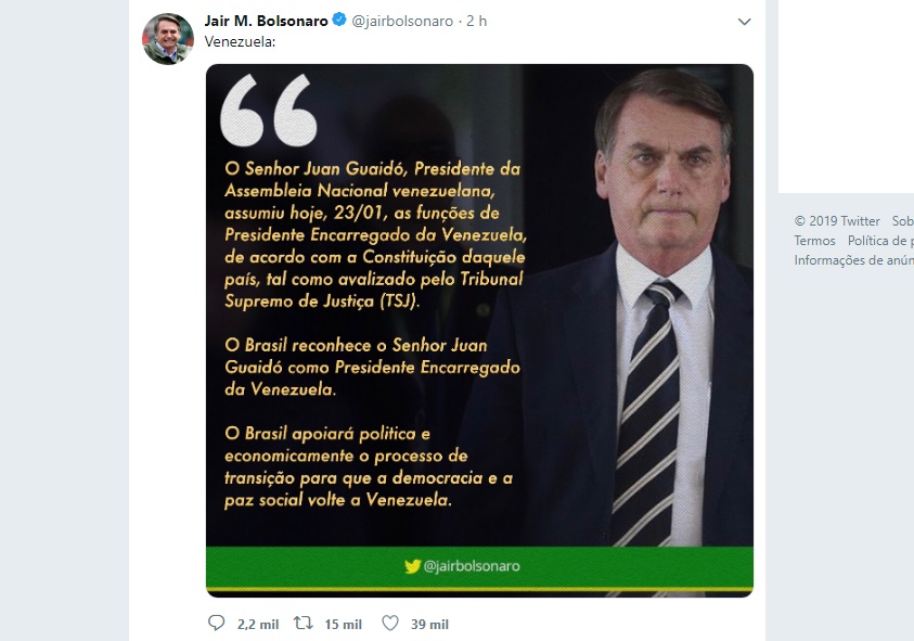 Em sua conta no Twitter, o presidente Jair Bolsonaro postou mensagem de apoio a  Juan Guaidó. Crédito da Foto: Reprodução/Twitter