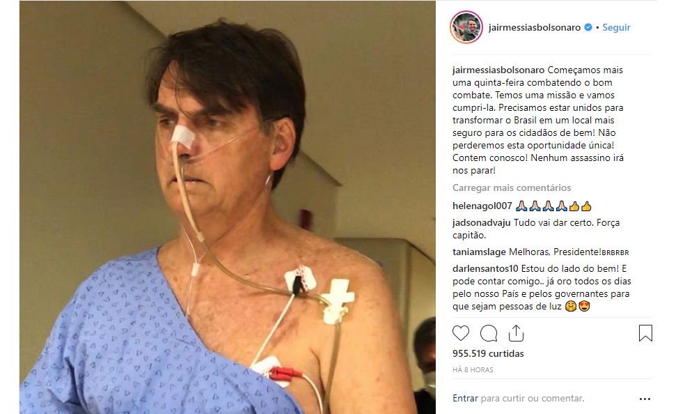 Bolsonaro postou no Instagram nesta quinta-feira: "Nenhum assassino irá nos parar". Crédio da Foto: Reprodução/Instagram