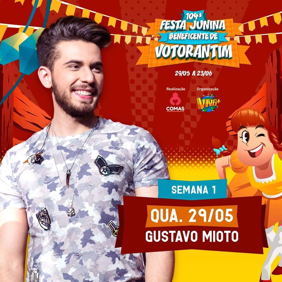 Gustavo Mioto faz o show de abertura da 104ª Festa Junina de Votorantim, nesta quarta-feira (29)