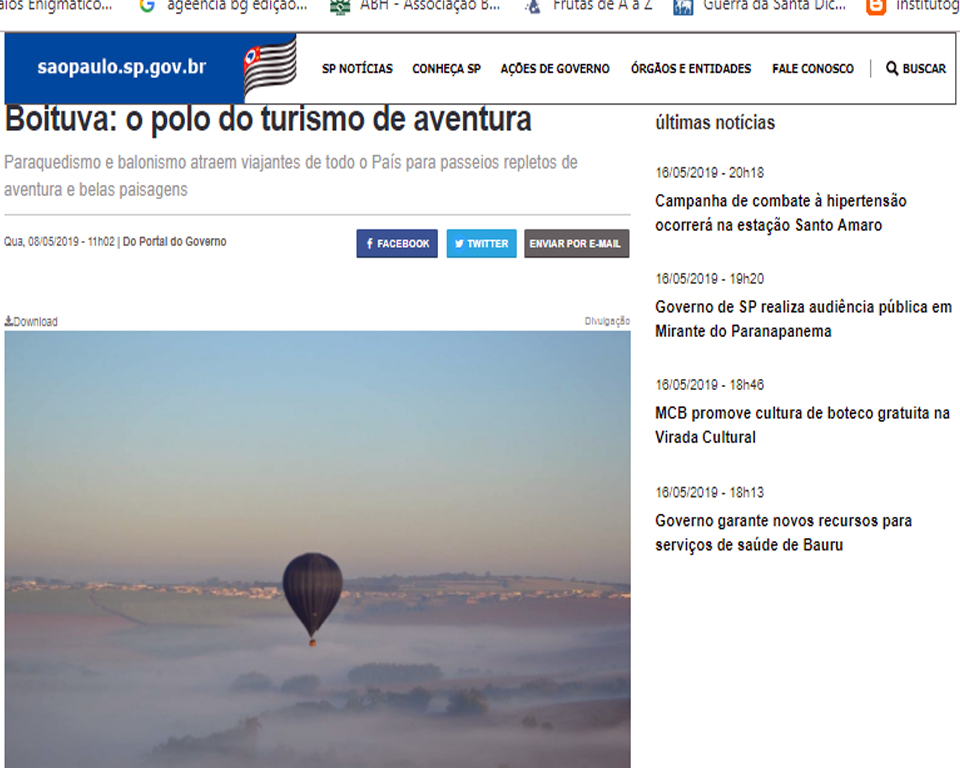 Reportagem publicada no portal do governo paulista destaca Boituva como polo de turismo de aventura