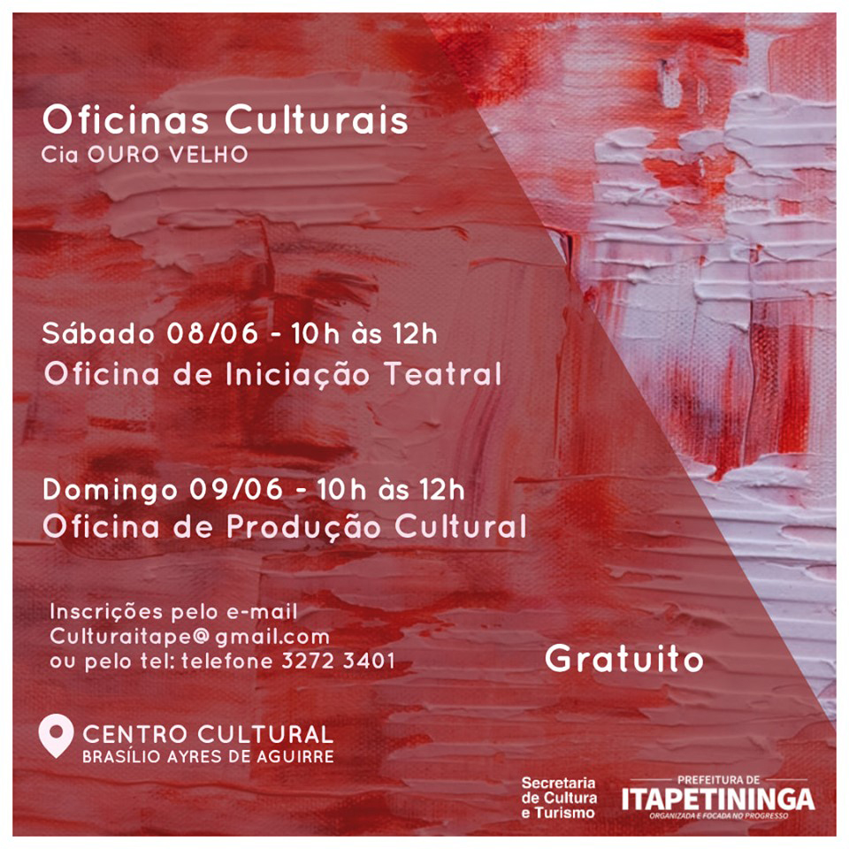 Oficinas gratuitas de teatro e de produção cultural, com 40 vagas, acontecem nos dias 8 e 9 de junho 