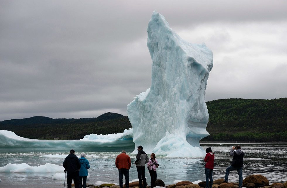 Turistas observam iceberg passando pelo mar no Canadá