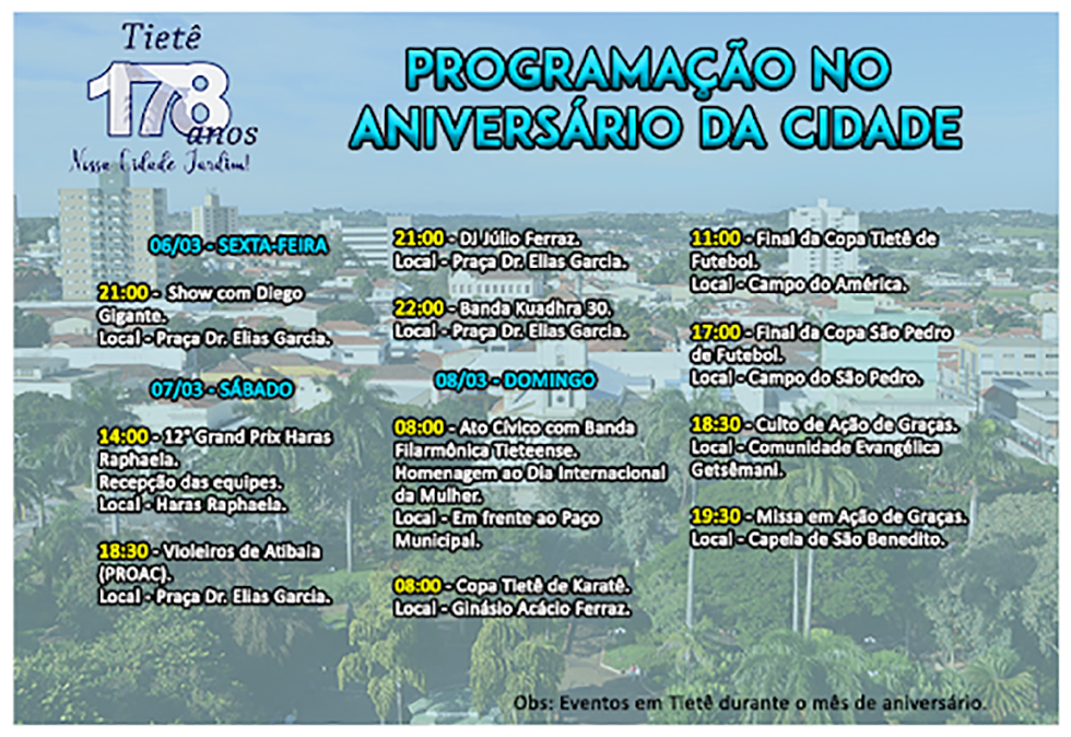 Programa da festa dos 178 anos de Tietê inclui música e esportes, além de eventos cívicos e religiosos